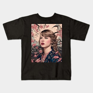 Taylor Vintage Cherry Blossom Woodblock Japanese Graphical Streetwear Kids T-Shirt